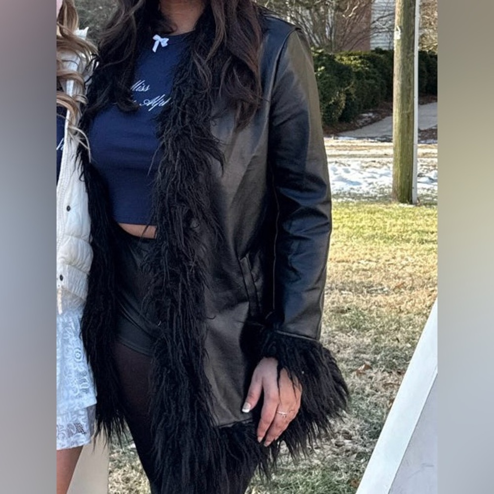 SHEIN Black Leather Jacket with Faux Fur Trim